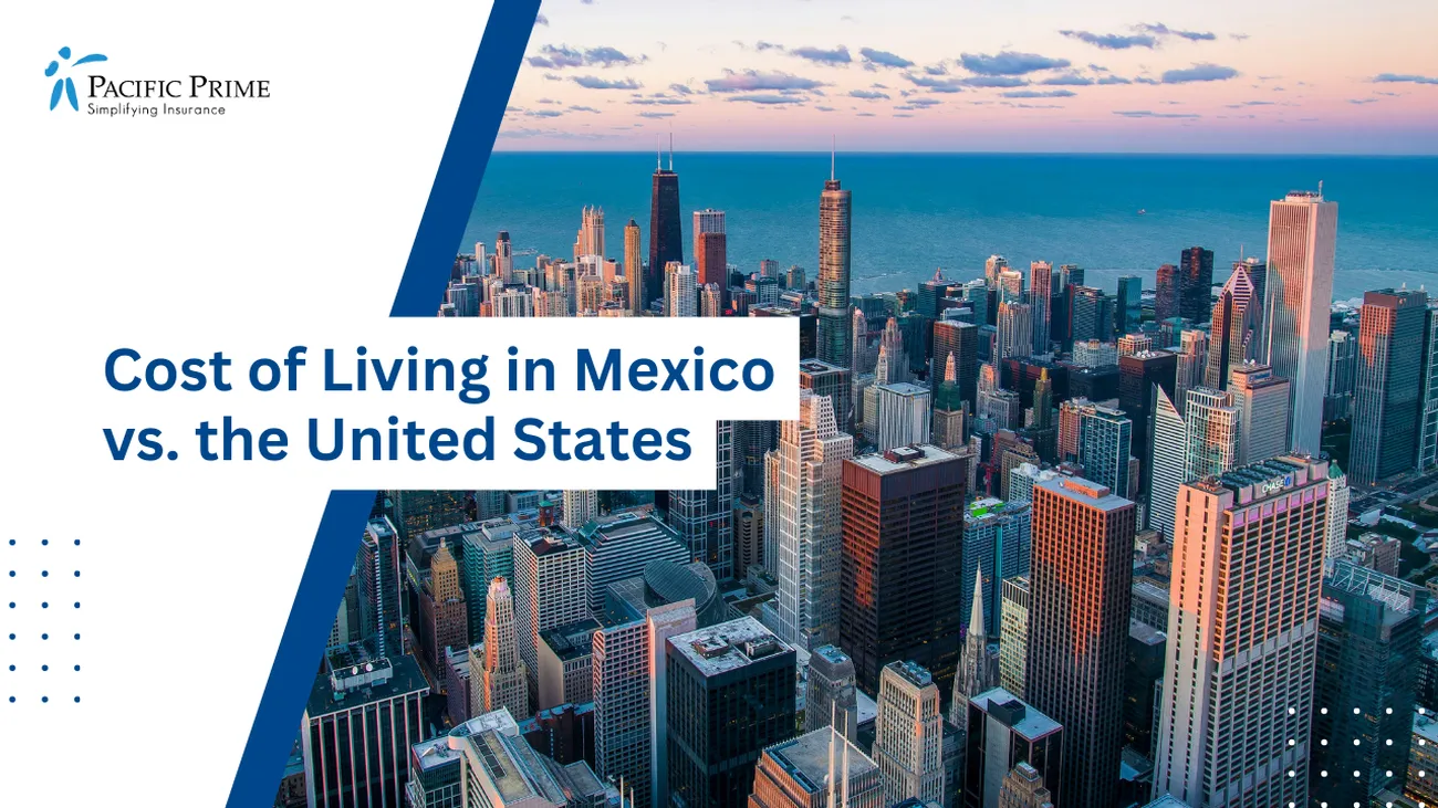 Image of Skyscrapers And City Architecture By The Waterfront, Willis Tower Skydeck, Chicago with text overlay of "Cost of Living in Mexico vs. the United States"