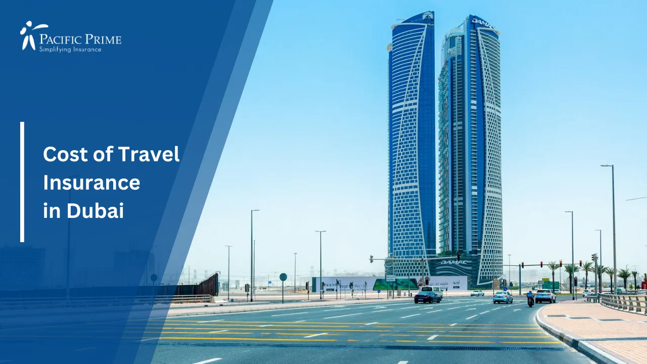 Image of Skyscrapers And Waterfront View Of Business Bay In Dubai with text overlay of "Cost of Travel Insurance in Dubai"