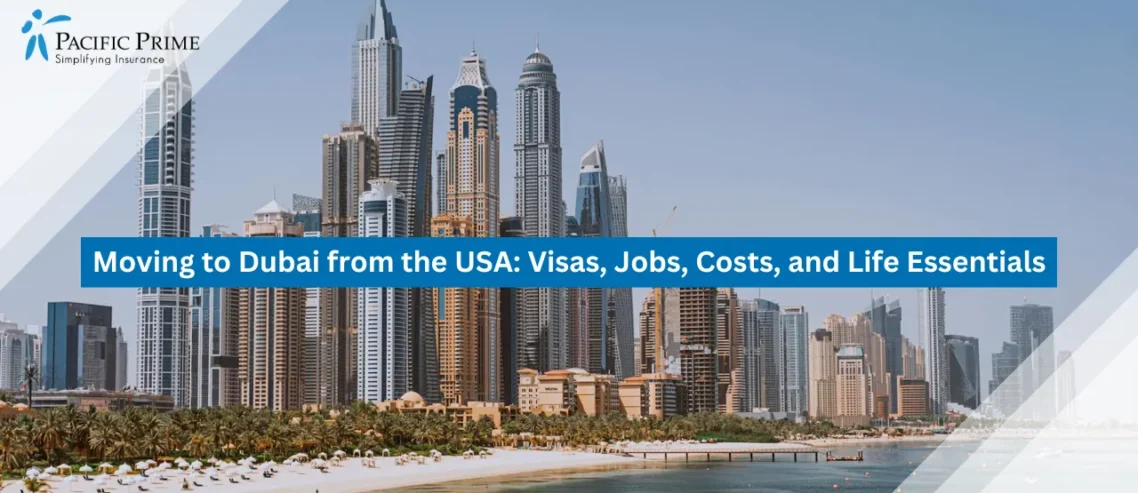 Image of Skyscrapers Overlooking Waterfront In Dubai, United Arab Emirates with text overlay of "Moving to Dubai from the USA: Visas, Jobs, Costs, and Life Essentials"