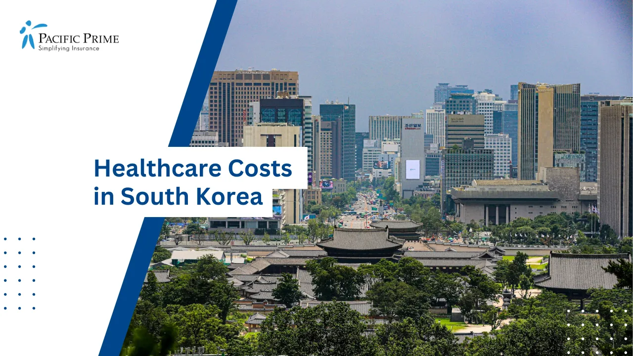 Image of Skyscrapers Surrounding Gwanghwamun Square In Central Seoul, South Korea with text overlay of "Healthcare Costs in South Korea"