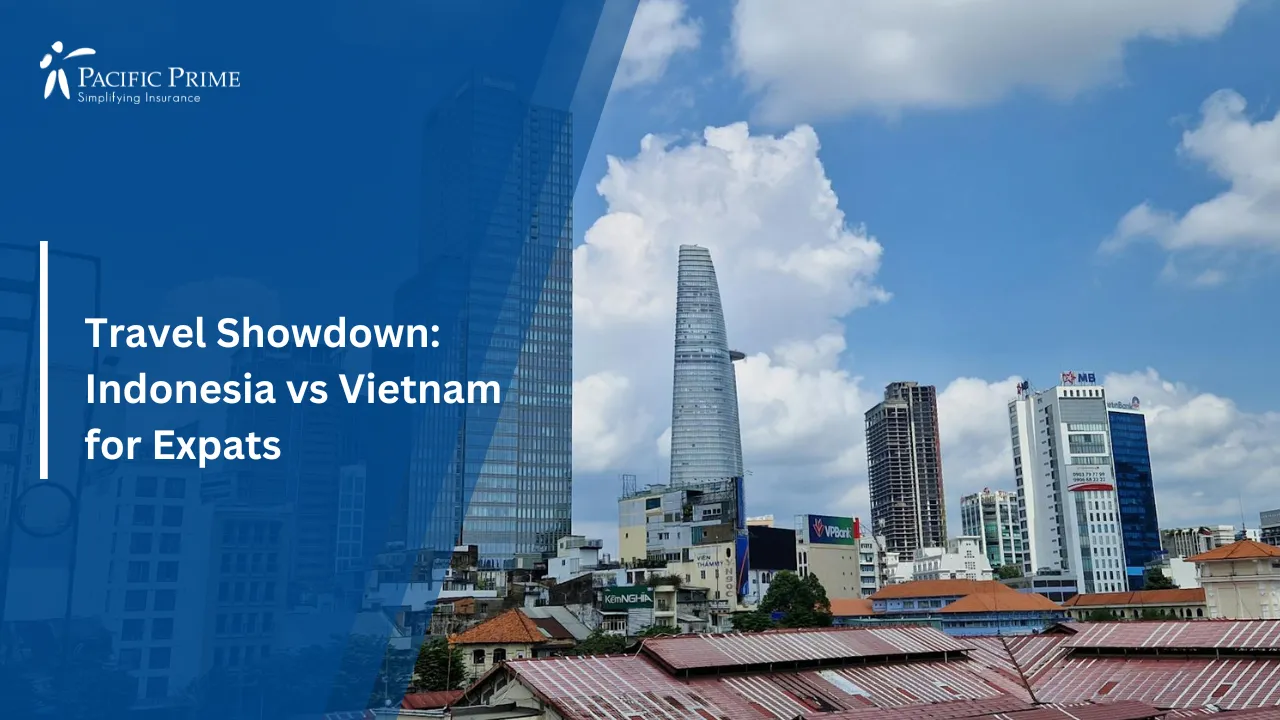 Image of Skyscrapers Under Clear Blue Sky In Ho Chi Minh City, Vietnam with text overlay of "Travel Showdown: Indonesia vs Vietnam for Expats"
