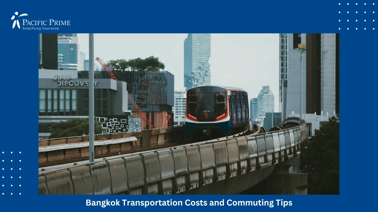 Image of Skytrain Moving Through Bangkok’s Modern Skyline with text overlay of "Bangkok Transportation Costs and Commuting Tips"