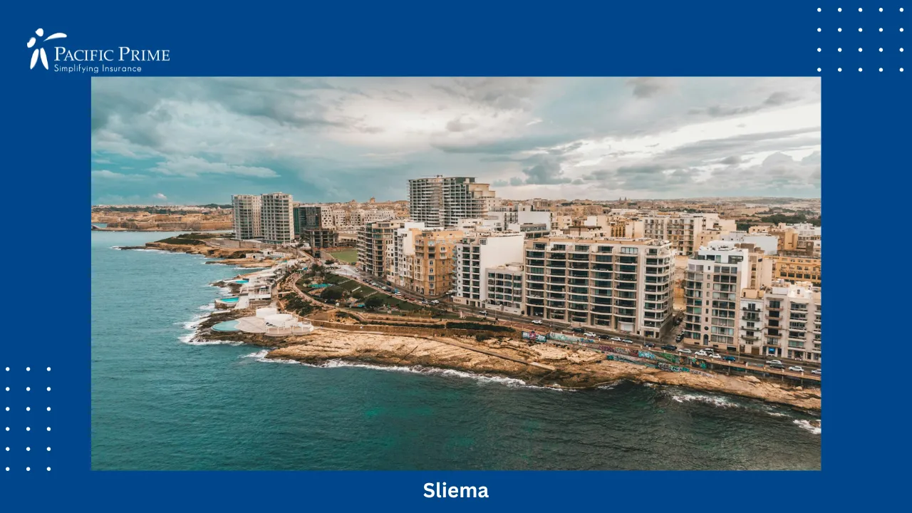 Image of Sliema Cityscape Along Malta&rsquo;s Coastline With Modern Buildings And Waterfront Views with text overlay of "Sliema"