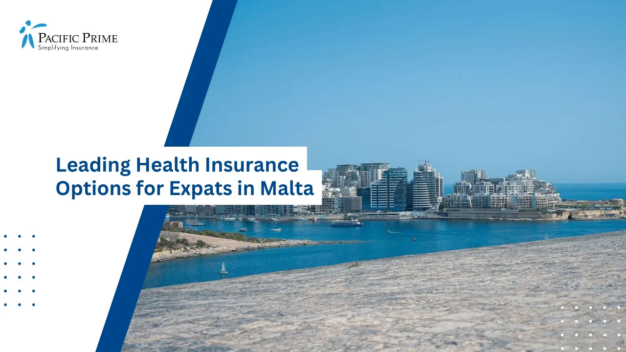 Image of Sliema Waterfront Buildings Overlooking Malta&rsquo;s Blue Coastal Waters with text overlay of "Leading Health Insurance Options for Expats in Malta"