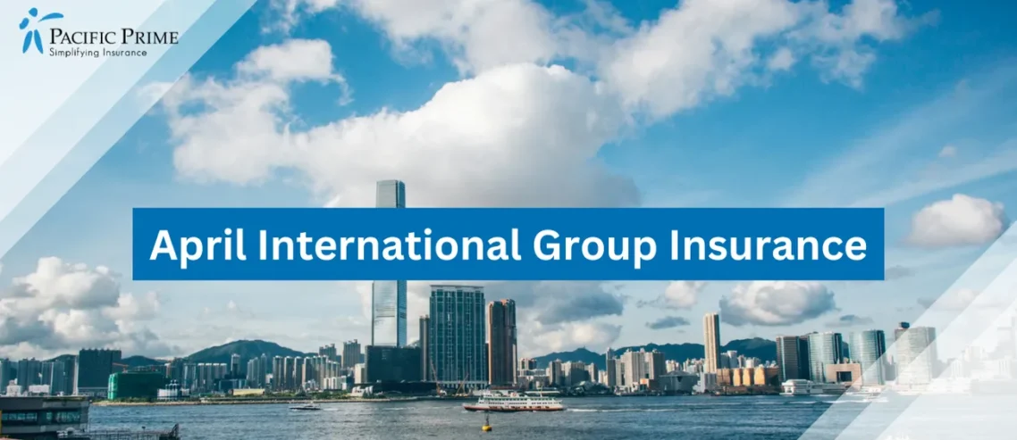 Image of Small Boat On Water With Hong Kong Skyline Backdrop with text overlay of "April International Group Insurance"