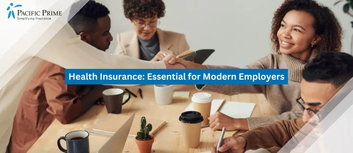 Image of Smiling Colleagues Shaking Hands During An Indoor Business Meeting with text overlay of "Health Insurance: Essential for Modern Employers"