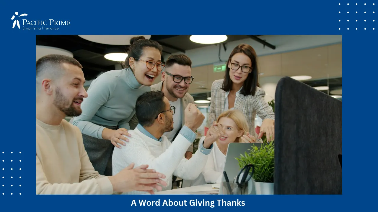 Image of Smiling Colleagues Share A Cheerful Moment In The Office with text overlay of "A Word About Giving Thanks"
