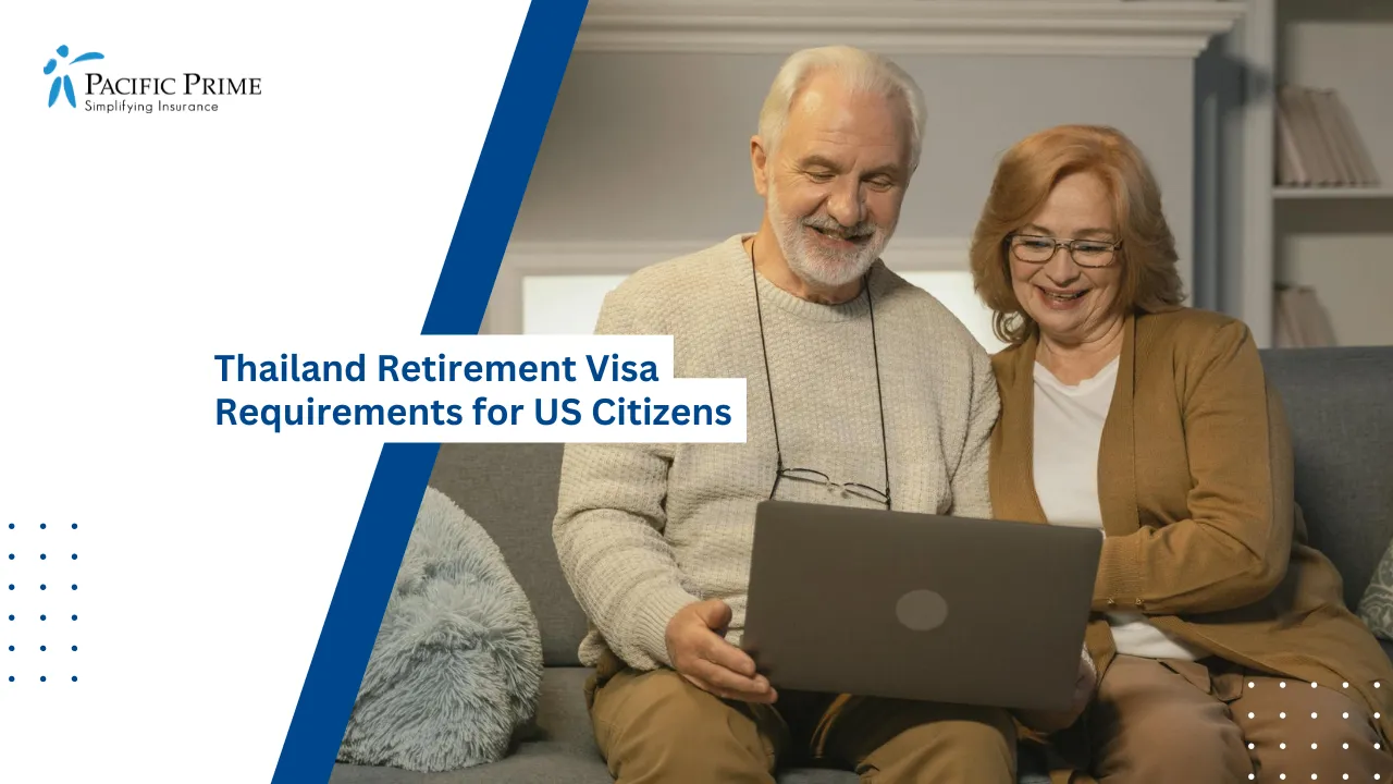 Image of Smiling Elderly Couple Relaxing On A Couch While Using A Laptop with text overlay of "Thailand Retirement Visa Requirements for US Citizens"