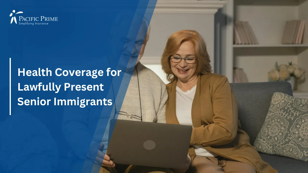 Image of Smiling Elderly Couple Sitting On Couch Using A Laptop Together with text overlay of "Health Coverage for Lawfully Present Senior Immigrants"