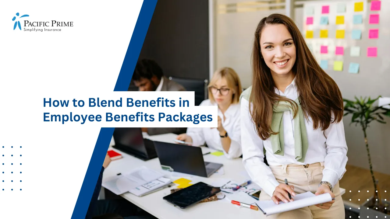 Image of Smiling Employee Seated At A Table In A Professional Office Setting with text overlay of "How to Blend Benefits in Employee Benefits Packages"