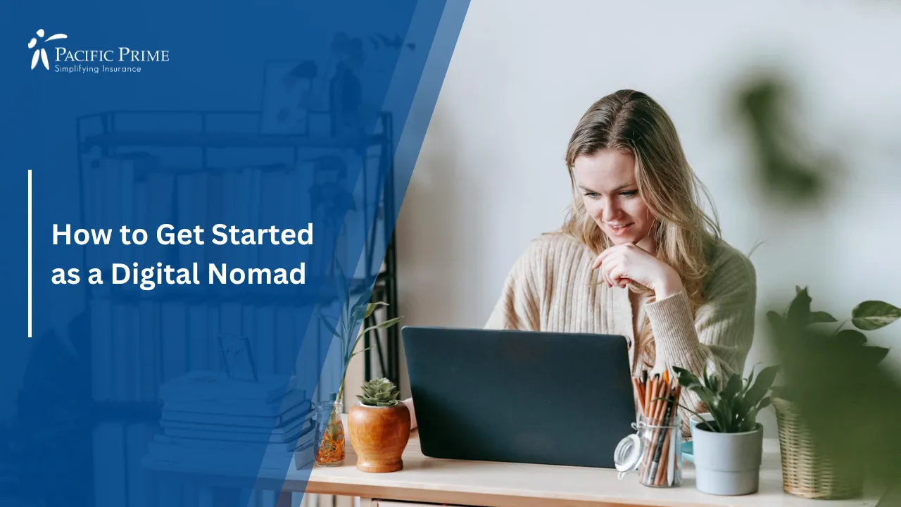 Image of Smiling Freelancer Using Laptop At Home Desk Near Bookcase with text overlay of "How to Get Started as a Digital Nomad"