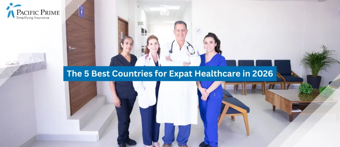 Image of Smiling Medical Team In Uniforms Gathered In A Modern Hospital Lounge with text overlay of "The 5 Best Countries for Expat Healthcare in 2026"