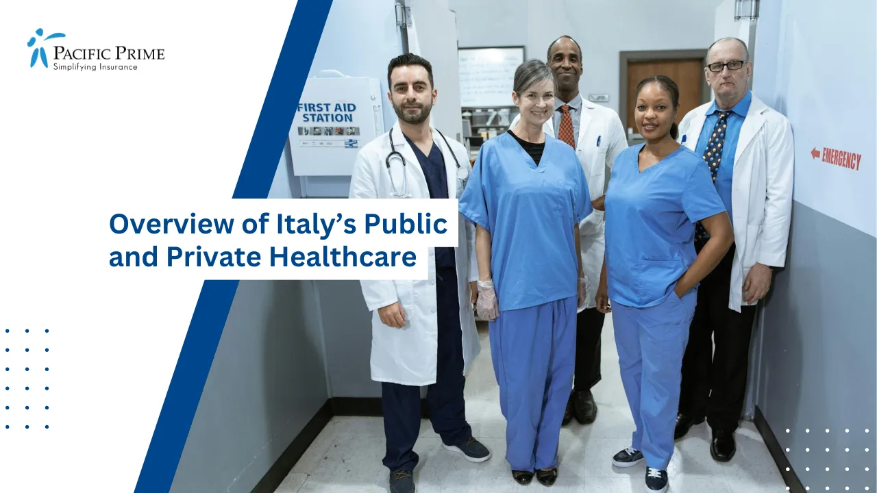 Image of Smiling Medical Team Standing Together In A Hospital Corridor with text overlay of "Overview of Italy’s Public and Private Healthcare"