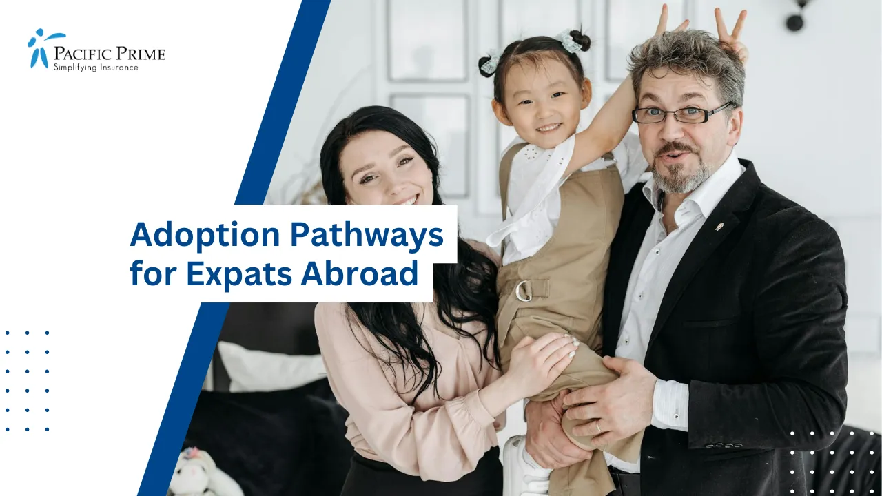Image of Smiling Multicultural Family Posing Together Inside A Home with text overlay of "Adoption Pathways for Expats Abroad"