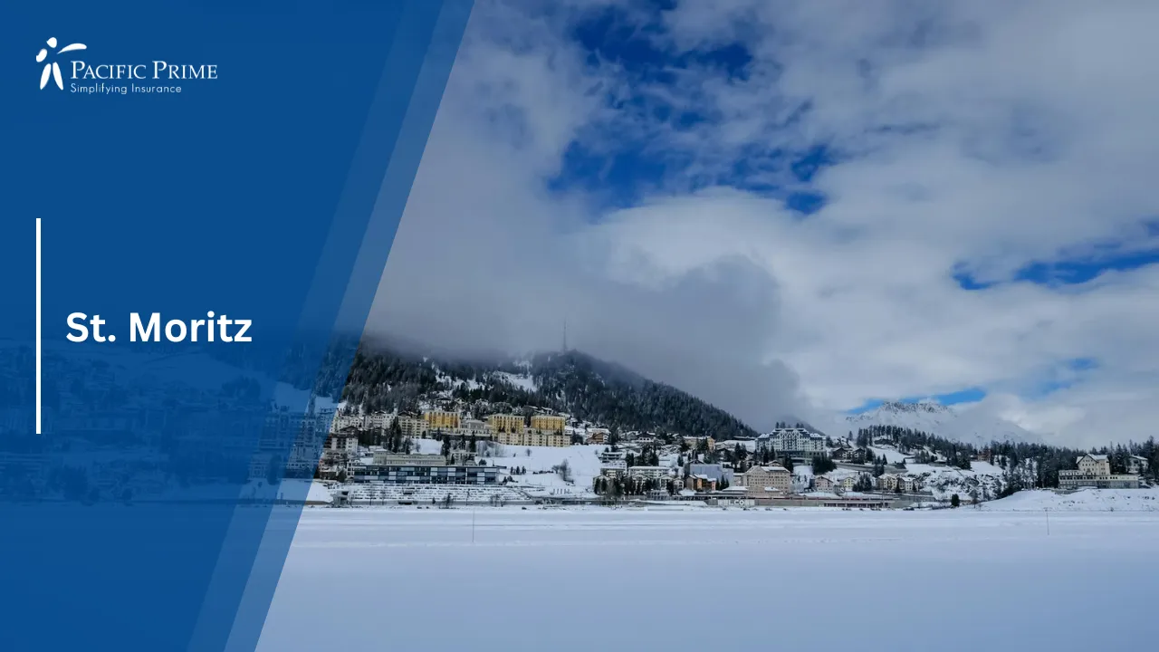 Image of Snow-covered St. Moritz Alpine Town In Winter Scenery with text overlay of "St. Moritz"