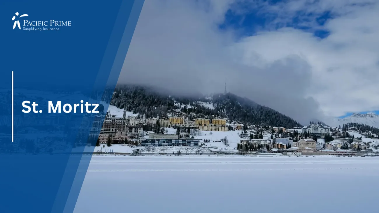 Image of Snowy Alpine Town Scene In St. Moritz, Switzerland with text overlay of "St. Moritz"