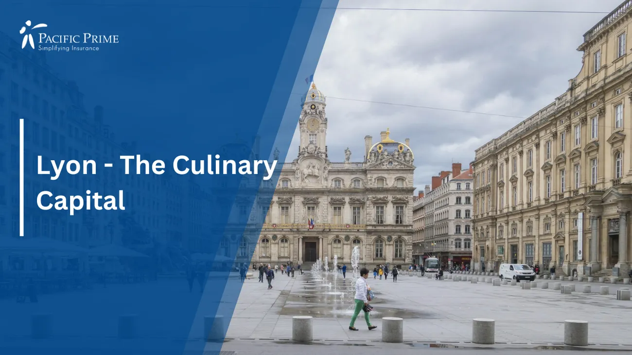 Image of Spacious Lyon Courtyard At Place Des Terreaux, Surrounded By Buildings with text overlay of "Lyon - The Culinary Capital"