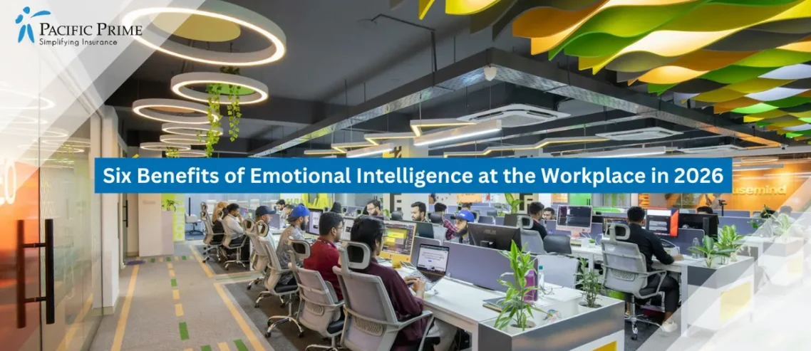 Image of Spacious Modern Workspace With Rows Of Desks And Ergonomic Office Seating with text overlay of "Six Benefits of Emotional Intelligence at the Workplace in 2026"