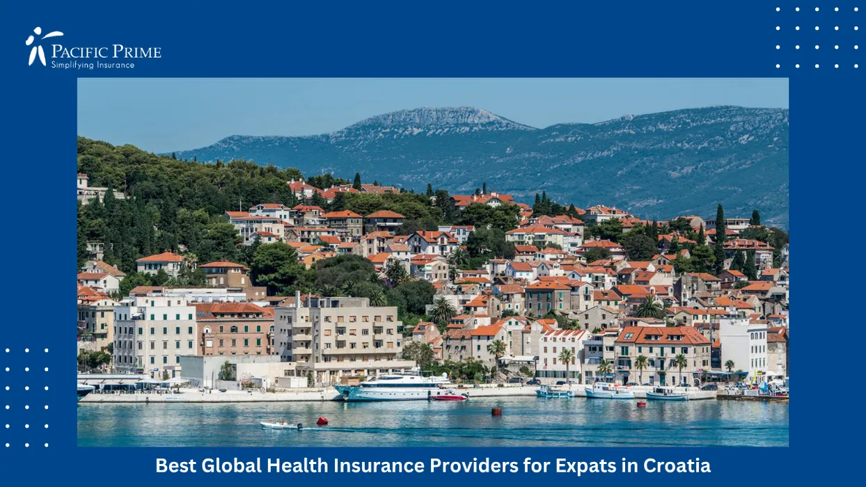 Image of Split Waterfront Skyline With Sunlit Buildings Along The Adriatic Coast with text overlay of "Best Global Health Insurance Providers for Expats in Croatia"
