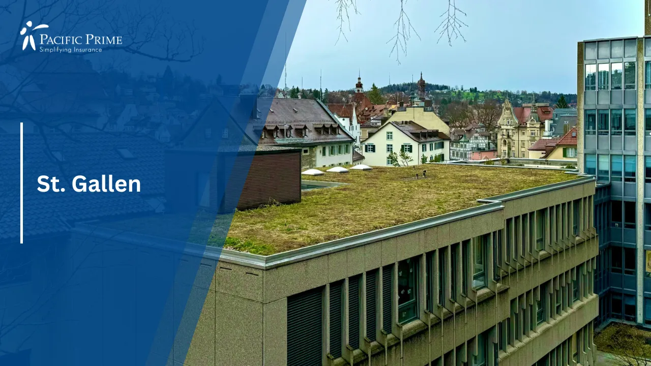 Image of St. Gallen Cityscape With A Building Featuring A Green Roof In Switzerland with text overlay of "St. Gallen"