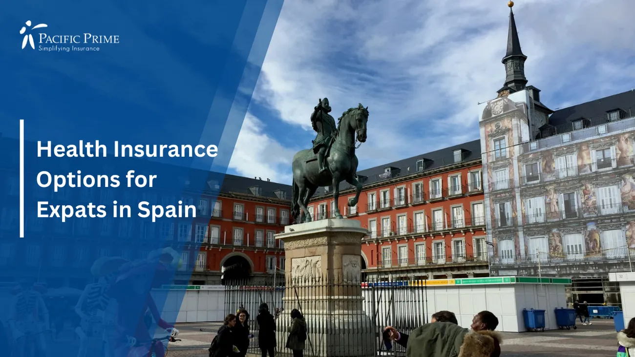 Image of Statue Of A Man On Horseback And Skeletons On Bicycles, Plaza Mayor, Madrid with text overlay of "Health Insurance Options for Expats in Spain"