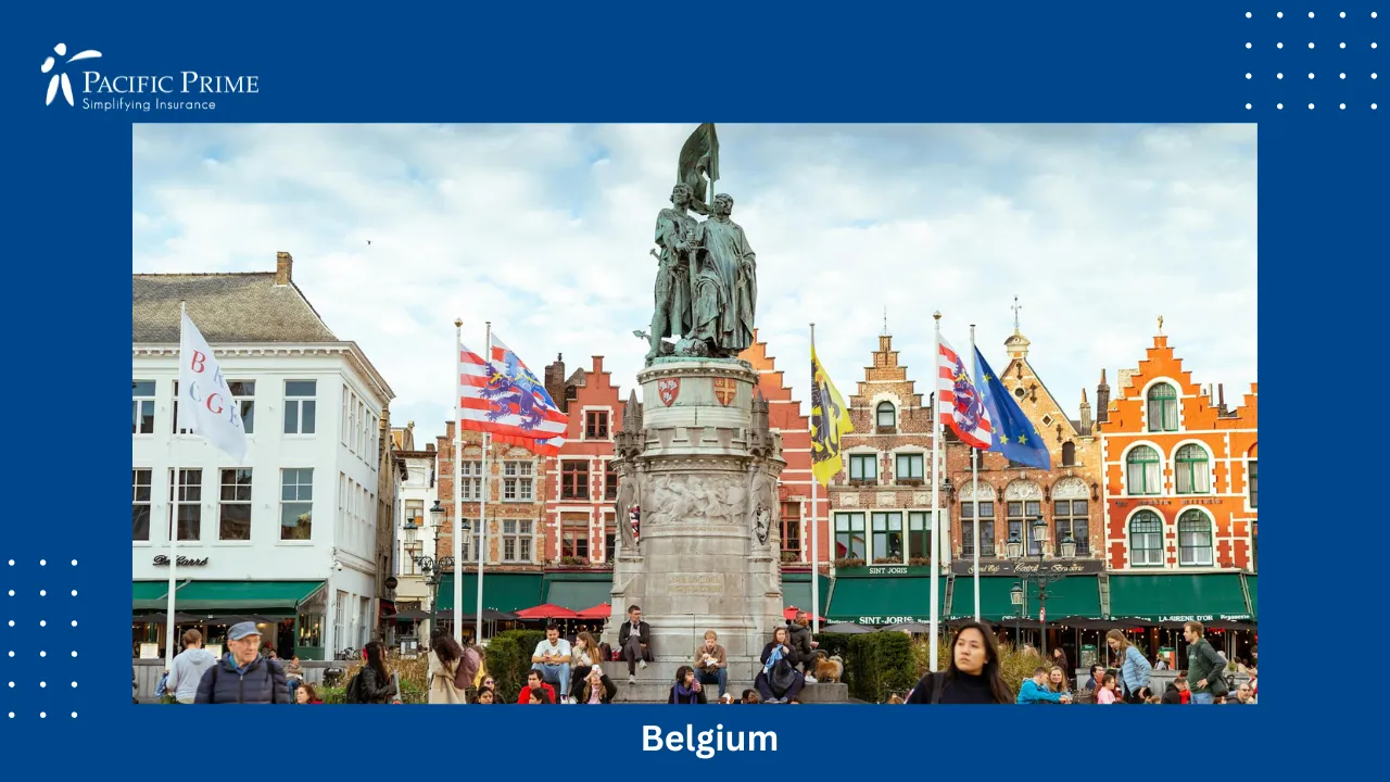 Image of Statue Of Jan Breydel And Pieter De Coninck In Central Bruges with text overlay of "Basic Healthcare Costs in France"
