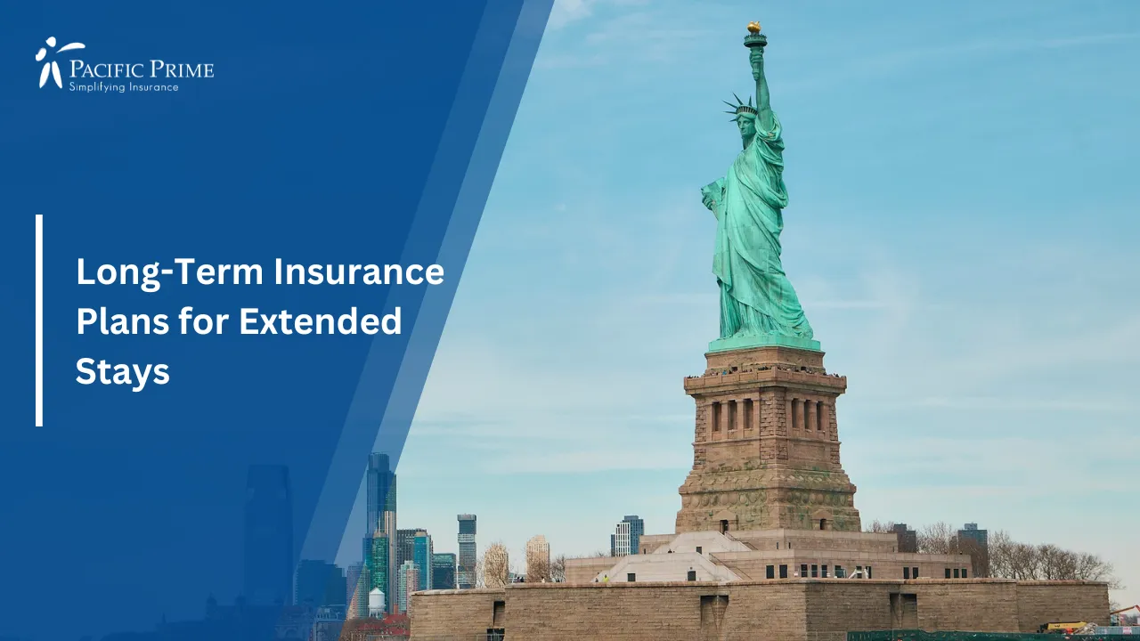 Image of Statue Of Liberty With City Skyline In Background, New York City with text overlay of "Long-Term Insurance Plans for Extended Stays"