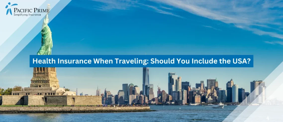 Image of Statue Of Liberty With Manhattan Skyline Overlooking Calm Daytime Waters with text overlay of "Health Insurance When Traveling: Should You Include the USA?"