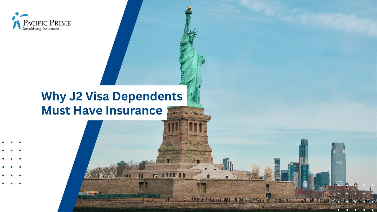 Image of Statue Of Liberty With New York City Skyline In The Background with text overlay of "Why J2 Visa Dependents Must Have Insurance"