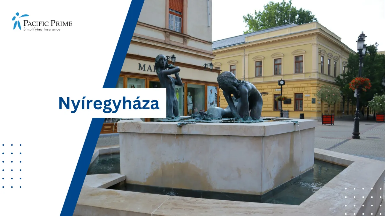 Image of Statue Of Two On A Fountain In Nyíregyháza, Hungary with text overlay of "Nyíregyháza"