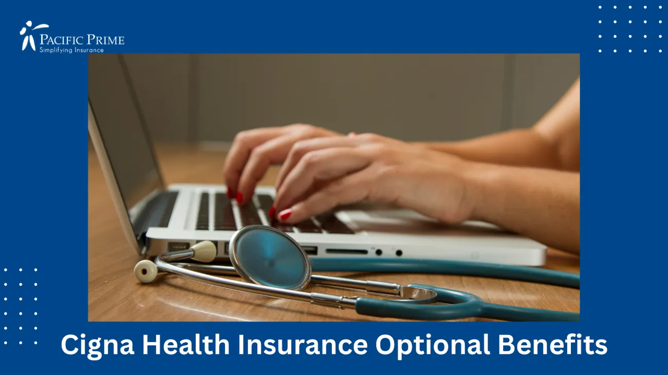 Image of Stethoscope And Laptop, Highlighting Tech's Role In Modern Healthcare Delivery with text overlay of "Cigna Health Insurance Optional Benefits"