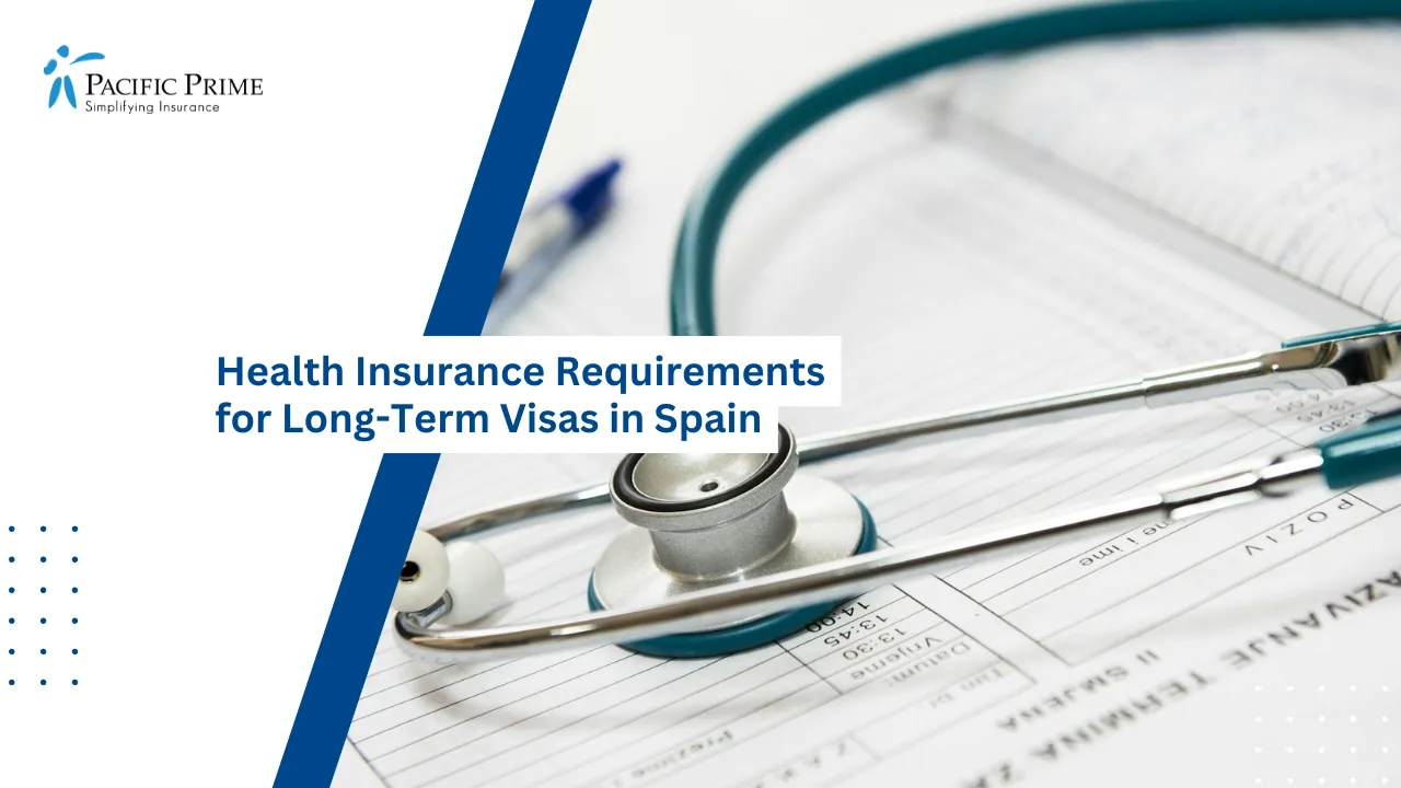 Image of Stethoscope And Pen Placed On A Medical Report In Clinical Setting with text overlay of "Health Insurance Requirements for Long-Term Visas in Spain"