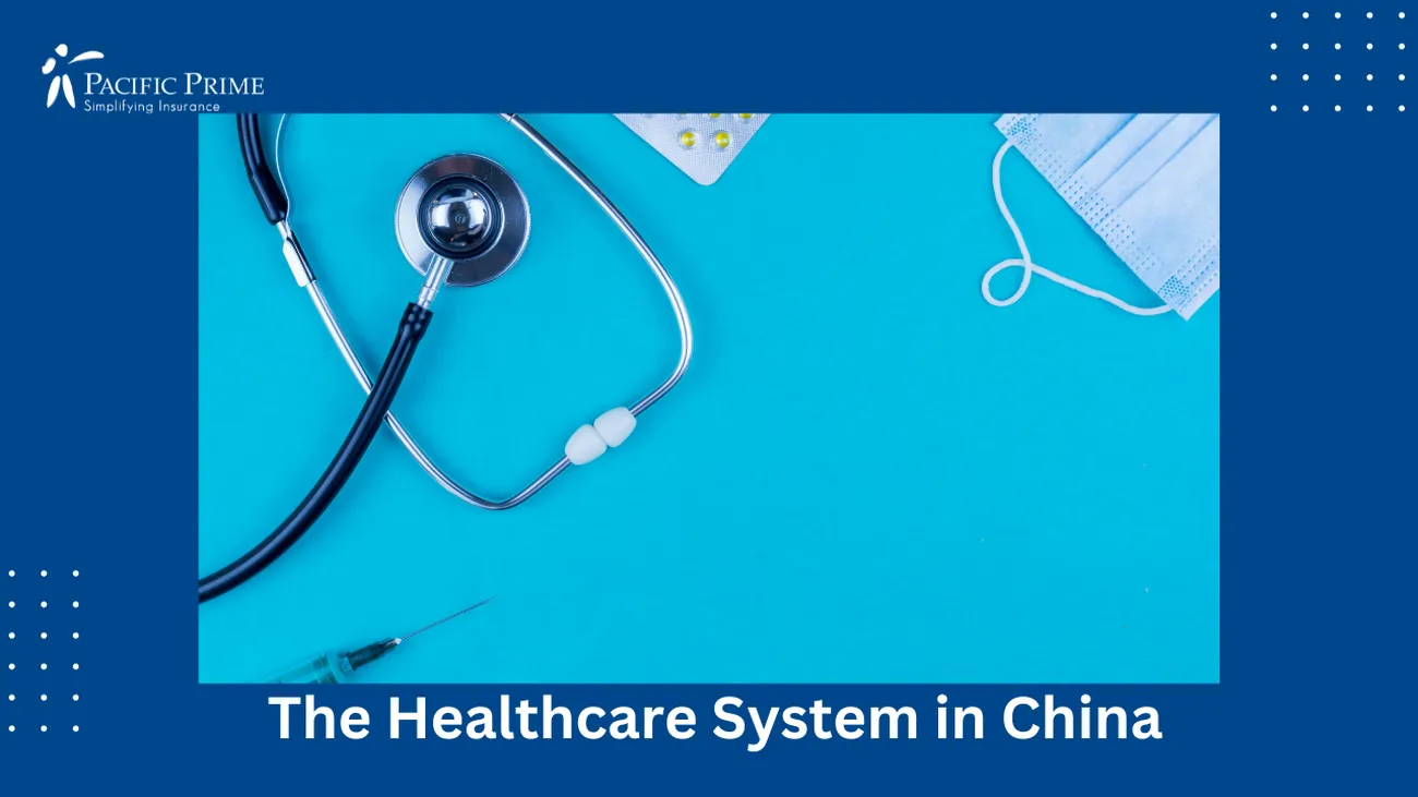 Image of Stethoscope And Pill-filled Cart On Blue Background with text overlay of "The Healthcare System in China"