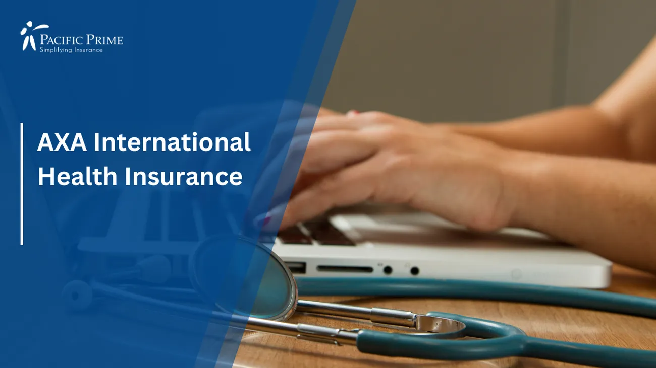 Image of Stethoscope On A Laptop Highlighting Modern Healthcare Technology with text overlay of "AXA International Health Insurance"