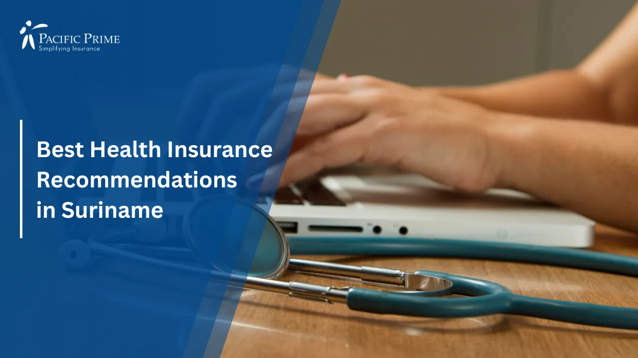 Image of Stethoscope Placed Beside A Laptop Computer In A Healthcare Setting with text overlay of "Best Health Insurance Recommendations in Suriname"