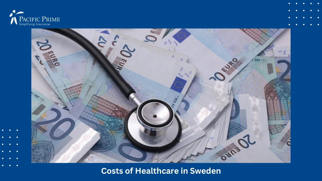 Image of Stethoscope Placed On Top Of A 20 Euro Banknotes with text overlay of "Costs of Healthcare in Sweden"