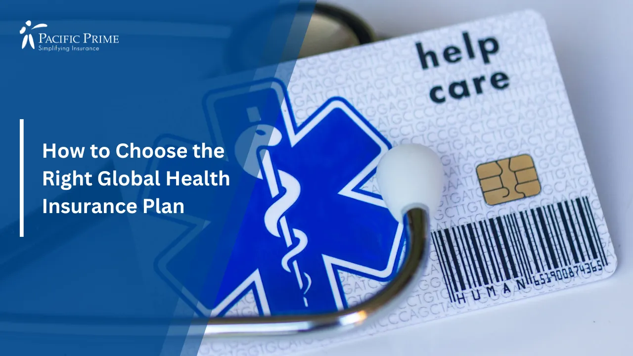 Image of Stethoscope Resting On Top Of A Medical Card with text overlay of "How to Choose the Right Global Health Insurance Plan"