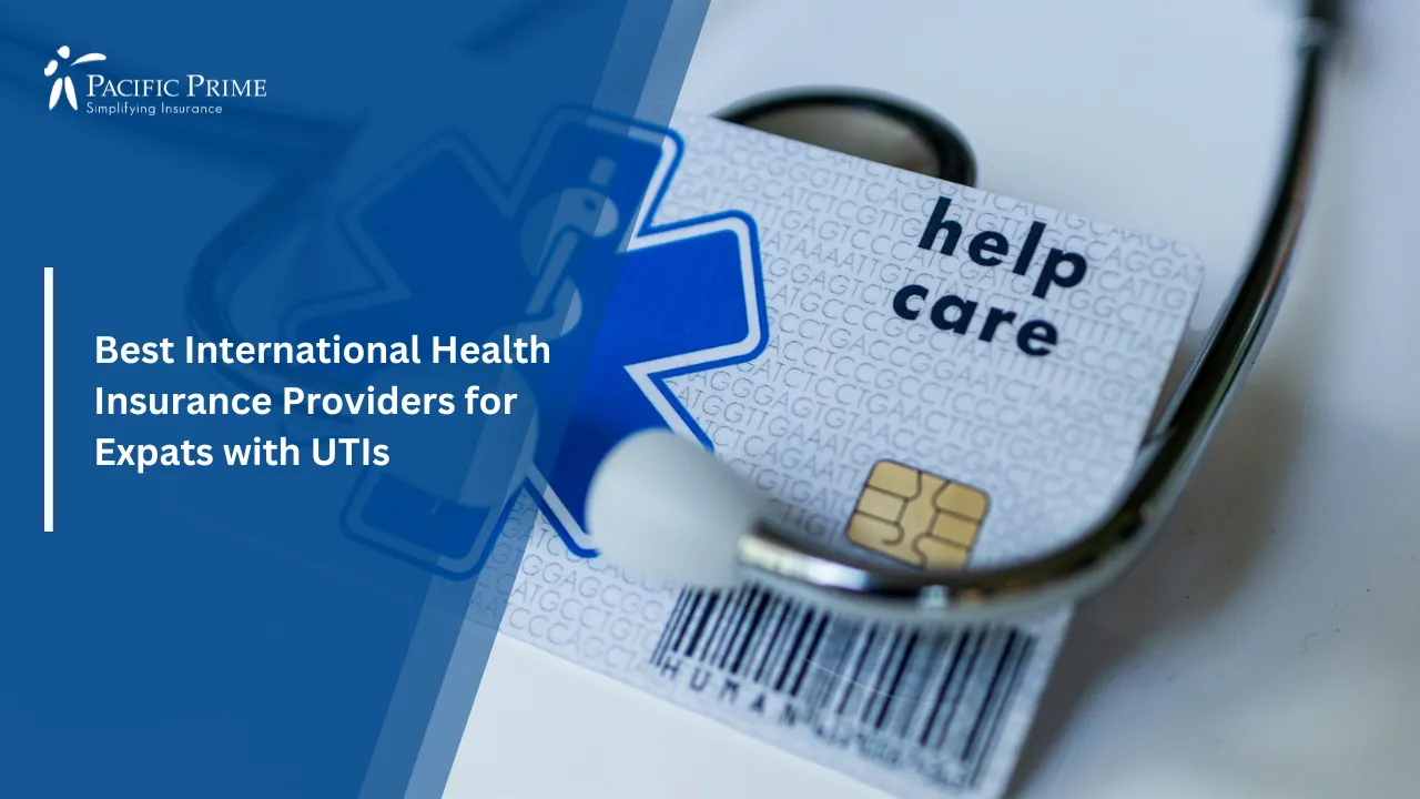 Image of Stethoscope With Medical ID Card Attached with text overlay of "Best International Health Insurance Providers for Expats with UTIs"