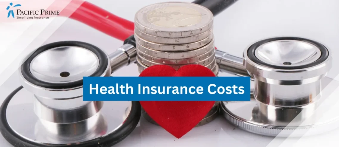 Image of Stethoscope With Red Heart Accent with text overlay of "Health Insurance Costs"
