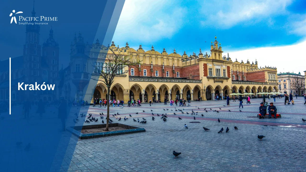 Image of Stock Dove Walking In Kraków City Center, Poland with text overlay of "Kraków"