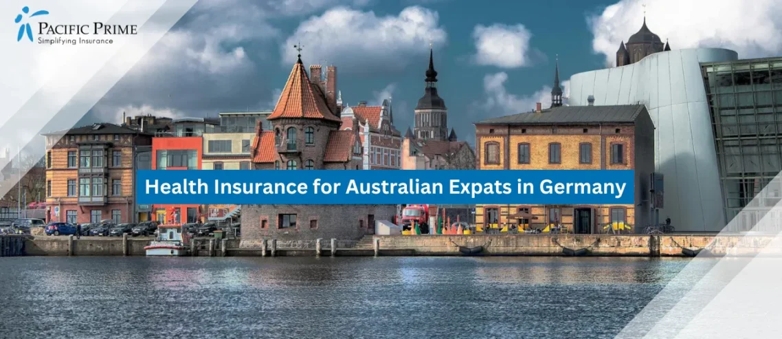 Image of Stralsund Waterfront With Colorful Historic Buildings Along The Baltic Sea with text overlay of "Health Insurance for Australian Expats in Germany"