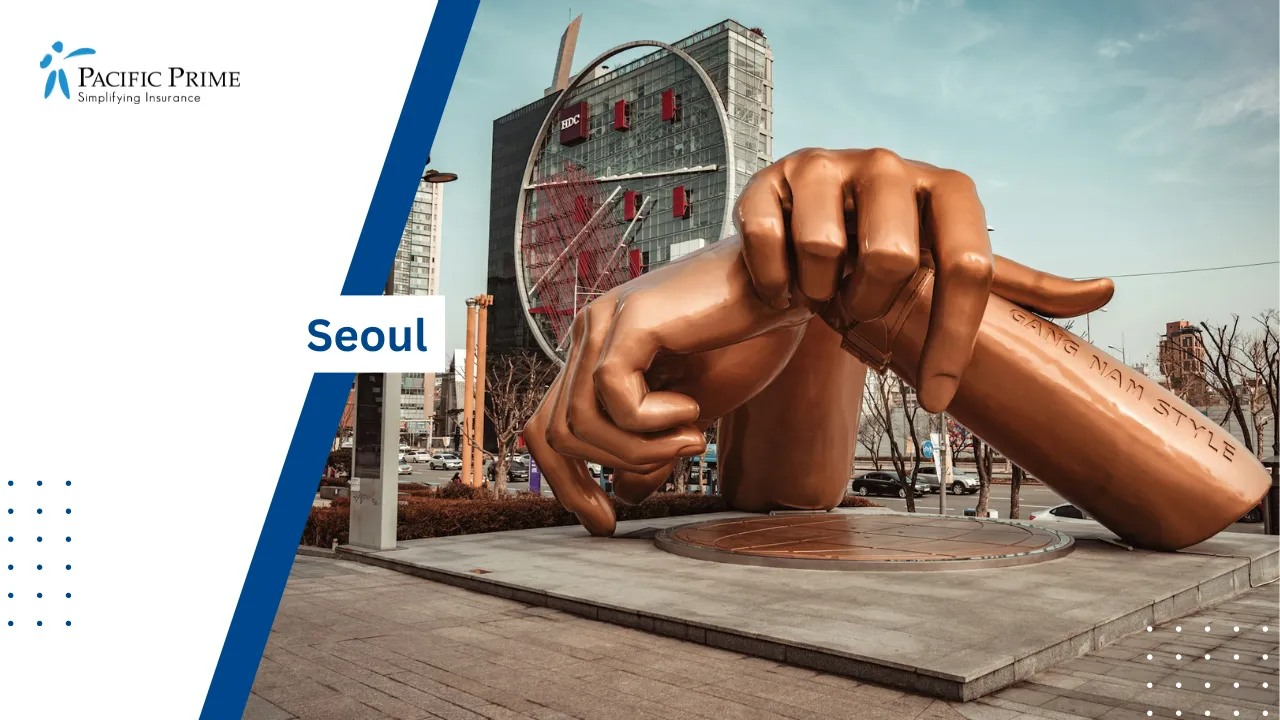 Image of Street Statue Holding A Basketball In Gangnam-gu, Seoul, South Korea with text overlay of "Seoul"