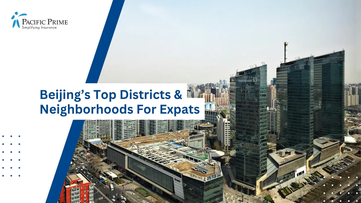 Image of Street View Along Jianwai Avenue In Chaoyang District With Busy Urban Setting with text overlay of "Beijing’s Top Districts & Neighborhoods For Expats"