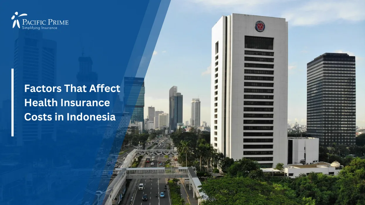 Image of Street View Near Menara Astra In Kuningan, South Jakarta Business District with text overlay of "Factors That Affect Health Insurance Costs in Indonesia"