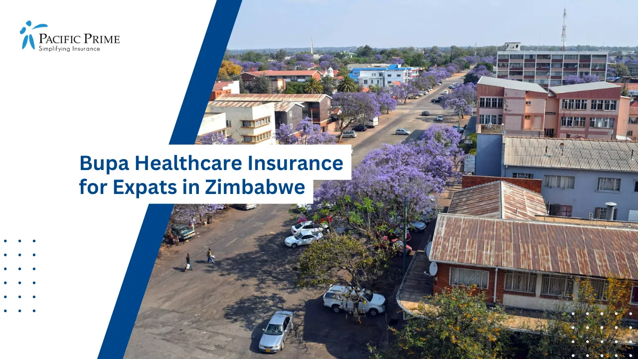 Image of Street View With Parked Cars And Buildings In Bulawayo, Zimbabwe with text overlay of "Bupa Healthcare Insurance for Expats in Zimbabwe"