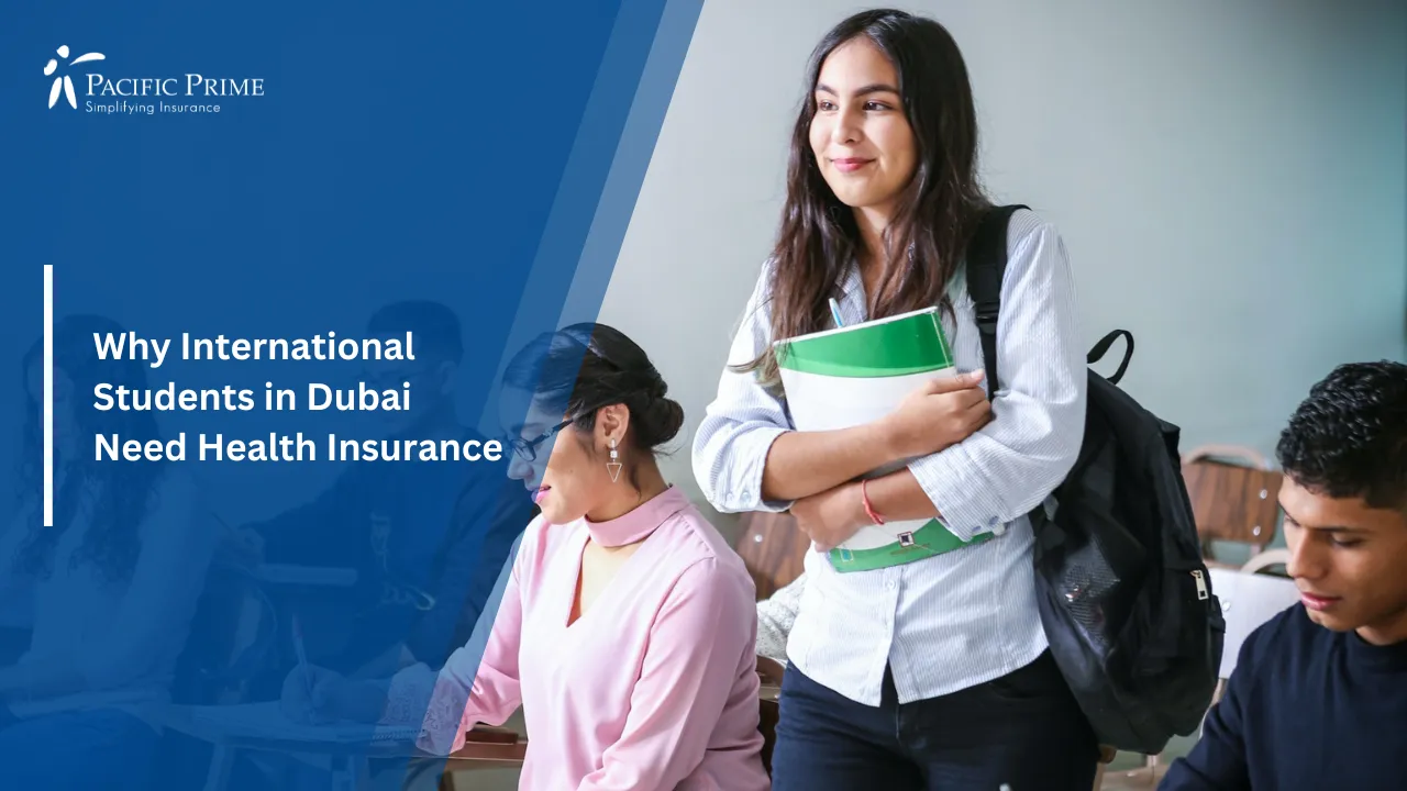 Image of Student Holding A White And Green Textbook While Walking On Campus with text overlay of "Why International Students in Dubai Need Health Insurance"