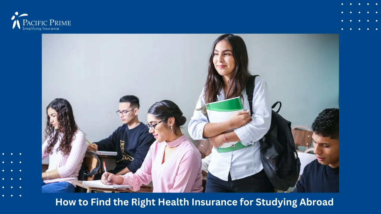 Image of Student Walking While Holding A White And Green Textbook with text overlay of "How to Find the Right Health Insurance for Studying Abroad"