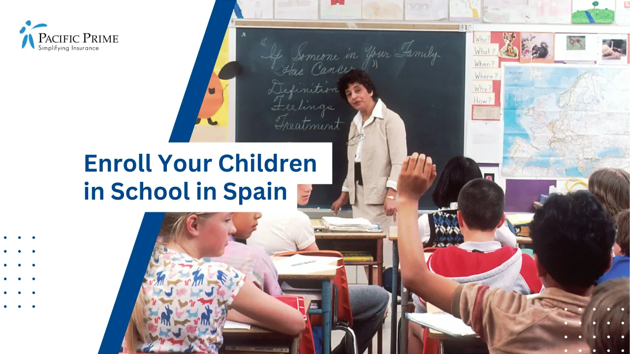 Image of Students Around Age 11 With Teacher Engaged In Classroom Discussion with text overlay of "Enroll Your Children in School in Spain"