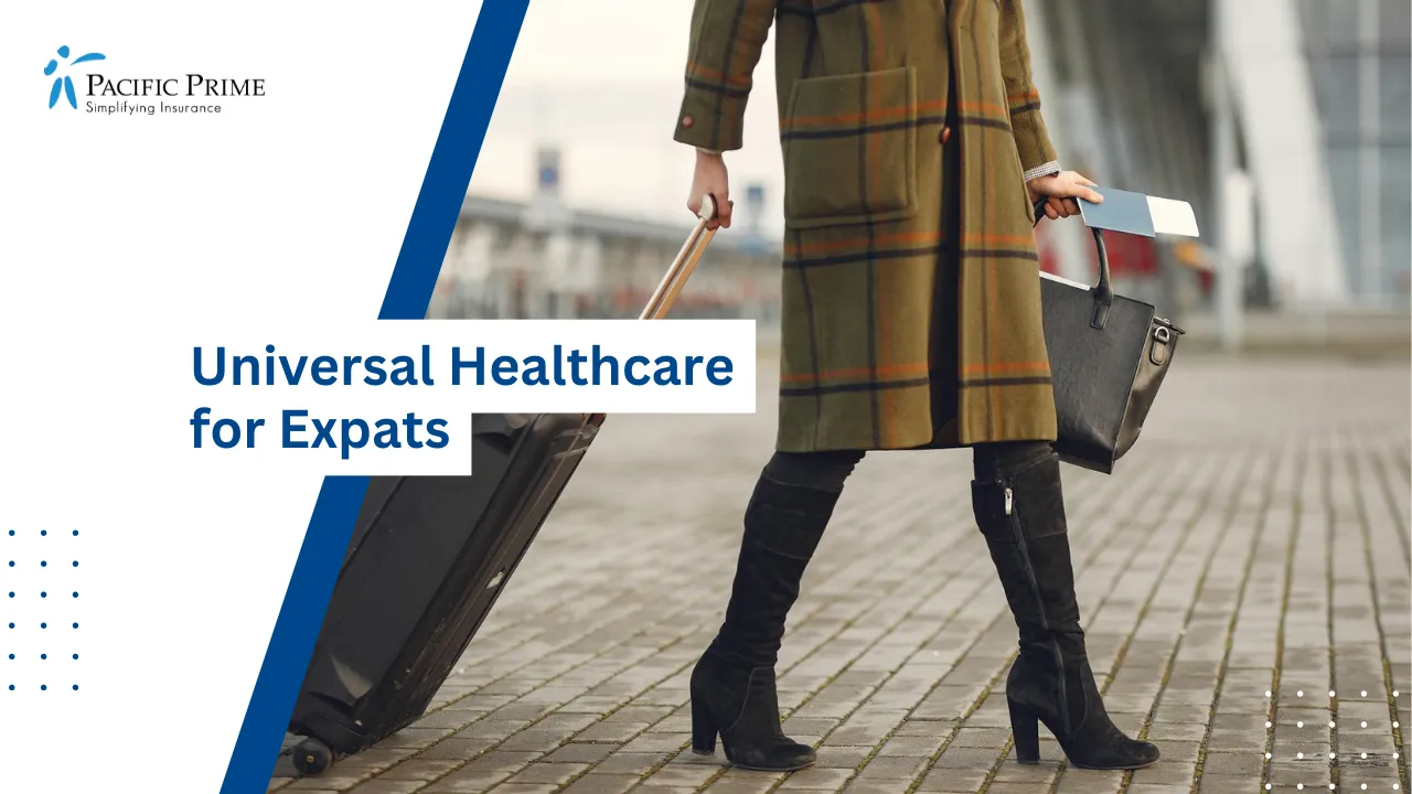 Image of Stylish Woman Pulling Suitcase Through Airport Terminal with text overlay of "Universal Healthcare for Expats"
