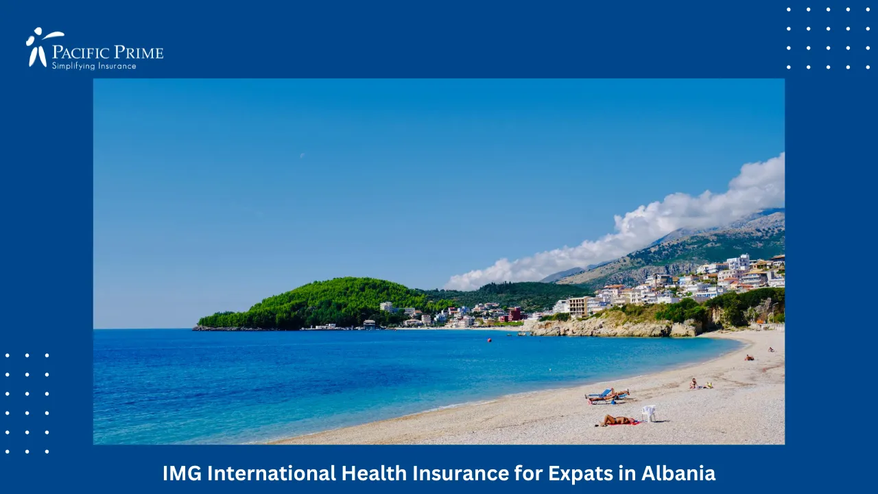 Image of Summer Beach View In Himarë, Vlorë County, Albania with text overlay of "IMG International Health Insurance for Expats in Albania"